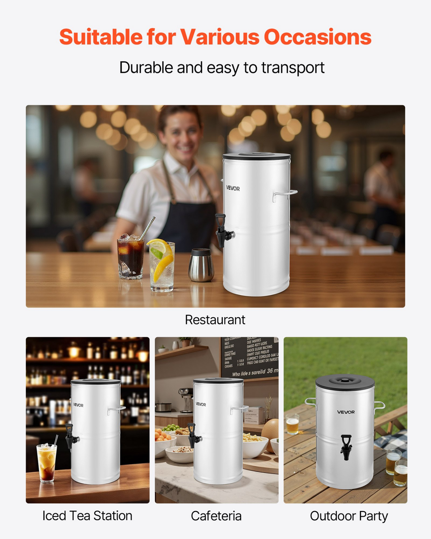 VEVOR Ice Tea Dispenser 4 Gal/15L for Iced Tea Juice Coffee 304 Stainless Steel
