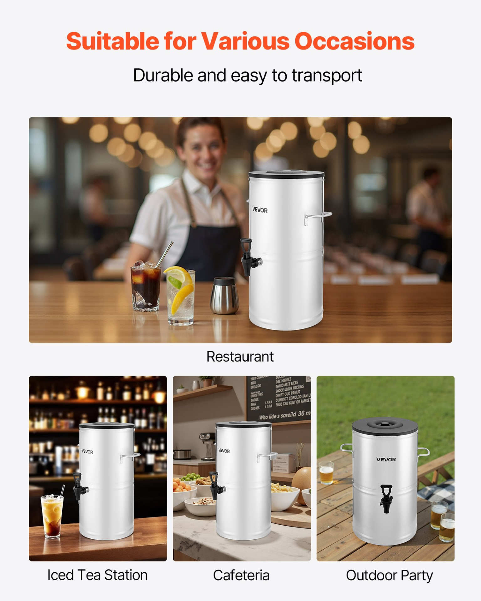VEVOR Ice Tea Dispenser 4 Gal/15L for Iced Tea Juice Coffee 304 Stainless Steel