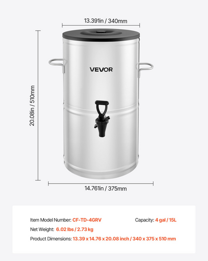 VEVOR Ice Tea Dispenser 4 Gal/15L for Iced Tea Juice Coffee 304 Stainless Steel