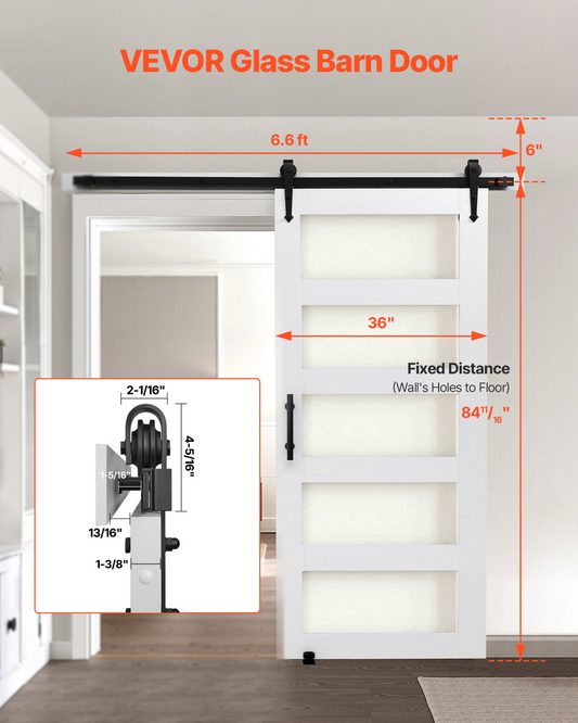 VEVOR Sliding Barn Door with Hardware Kit 914 x 2134mm MDF Panel Frosted Glass