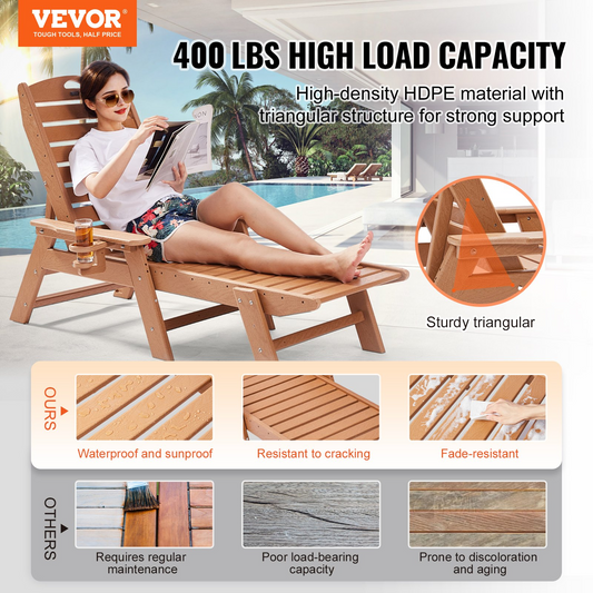 VEVOR Outdoor Chaise Lounge Chair 6-Position Reclining Patio Bench Lounger Brown