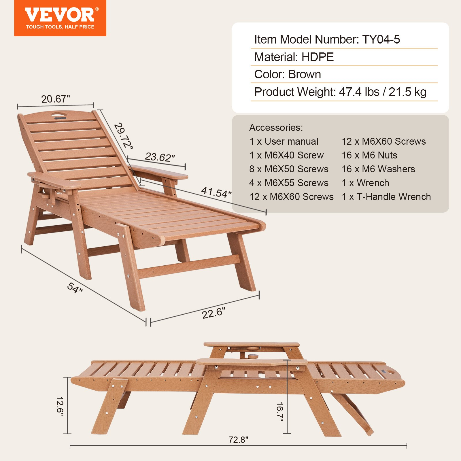 VEVOR Outdoor Chaise Lounge Chair 6-Position Reclining Patio Bench Lounger Brown