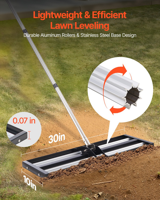 VEVOR 30x10in Lawn Leveling Rake with 83.9 in Adjustable Handle for Yard Garden
