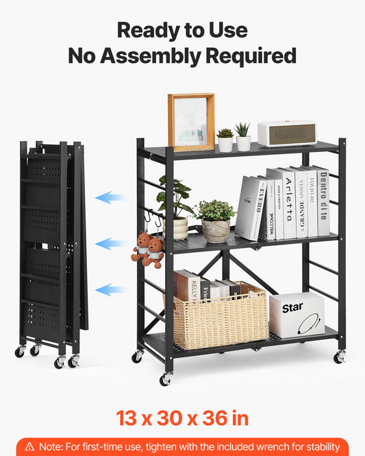 VEVOR 3-Tier Foldable Storage Shelf with Wheels 30 x 13 x 36-inch Metal Shelving
