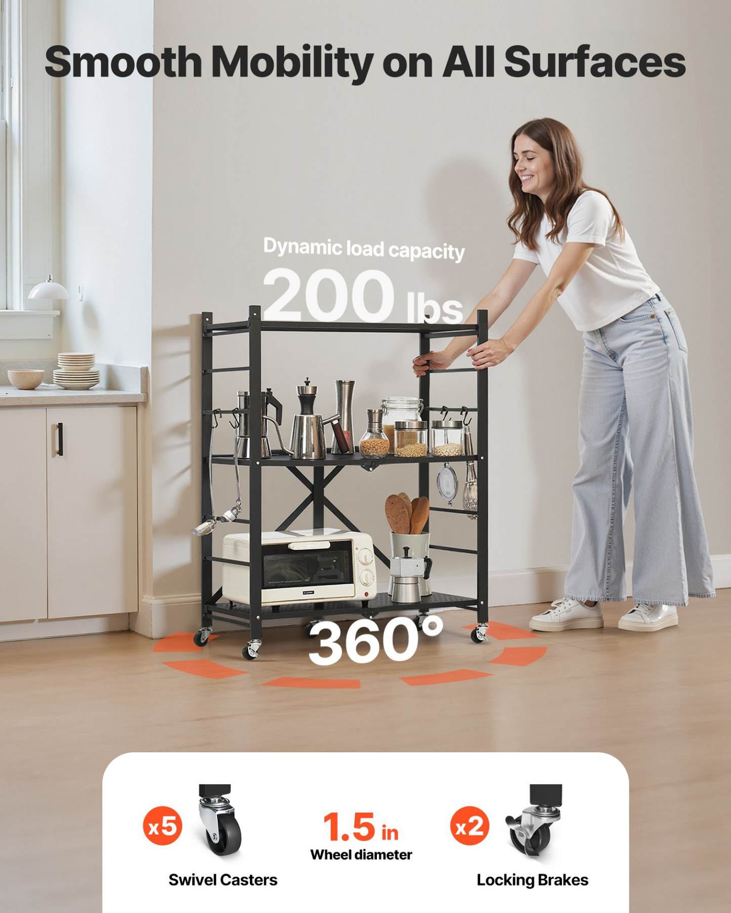 VEVOR 3-Tier Foldable Storage Shelf with Wheels 30 x 13 x 36-inch Metal Shelving