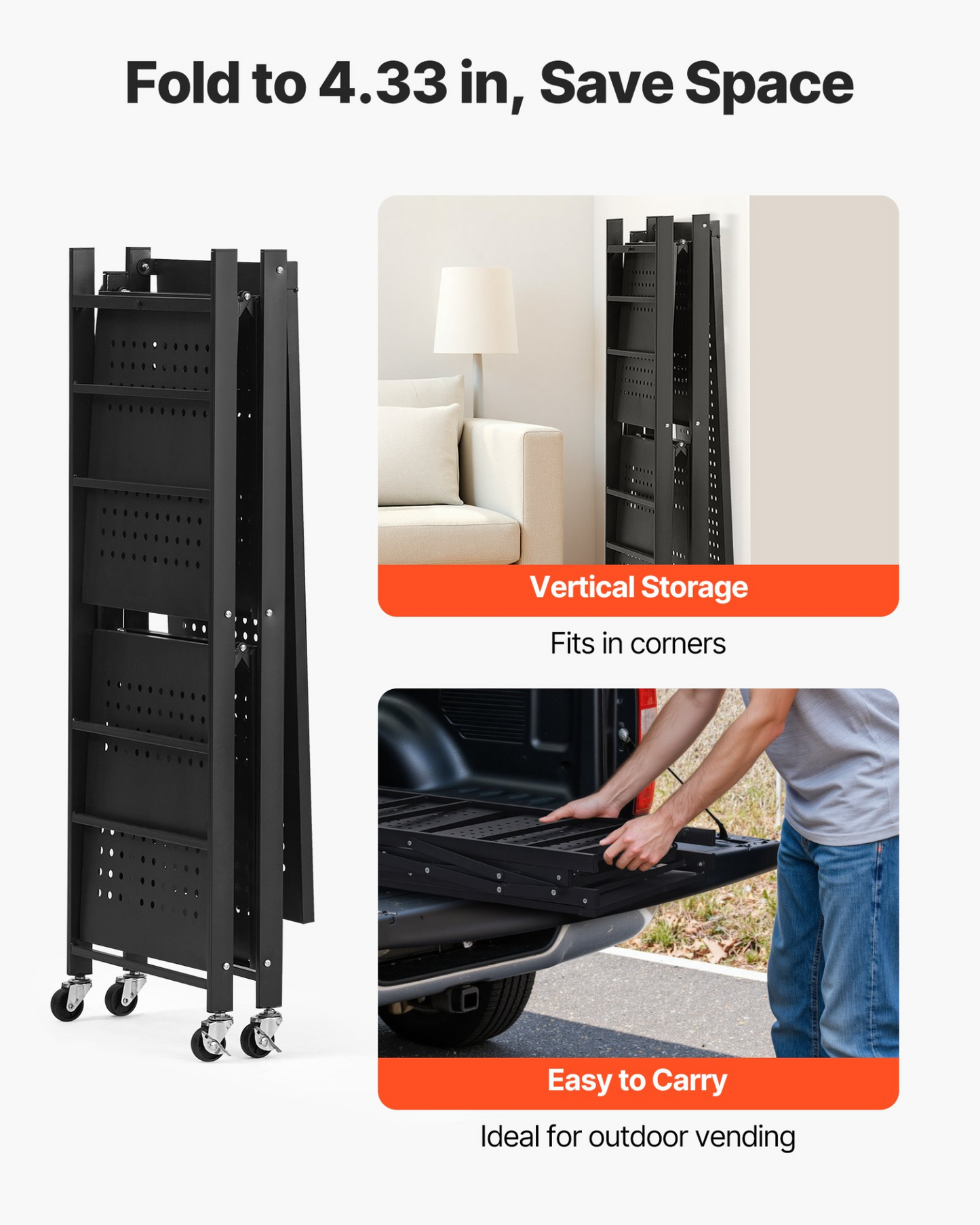 VEVOR 3-Tier Foldable Storage Shelf with Wheels 30 x 13 x 36-inch Metal Shelving