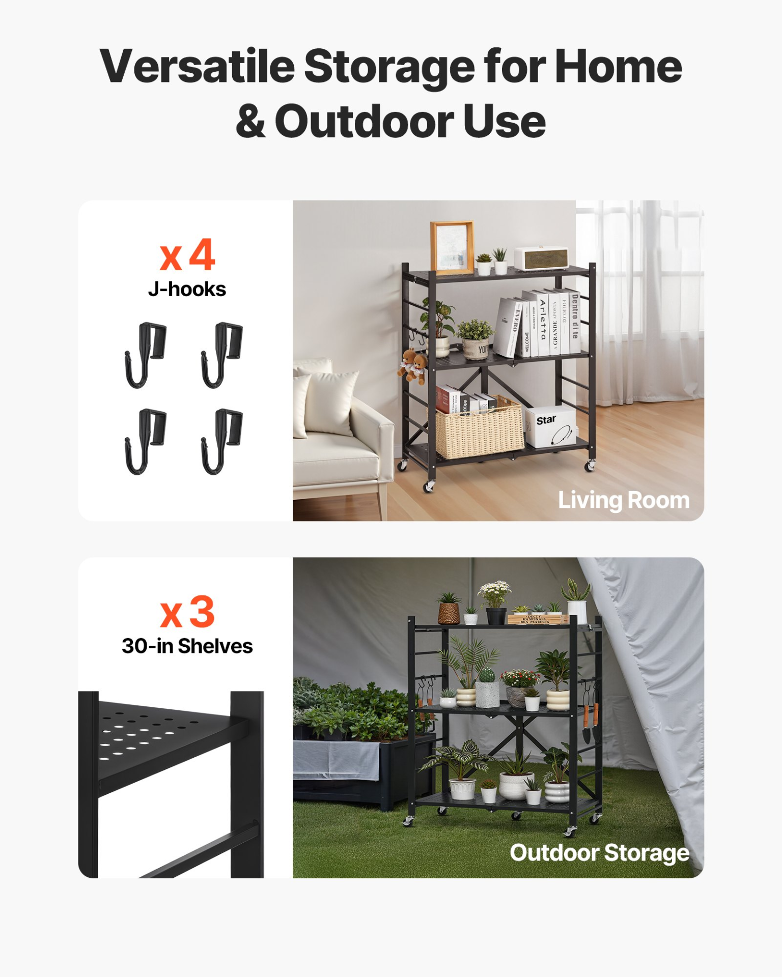 VEVOR 3-Tier Foldable Storage Shelf with Wheels 30 x 13 x 36-inch Metal Shelving