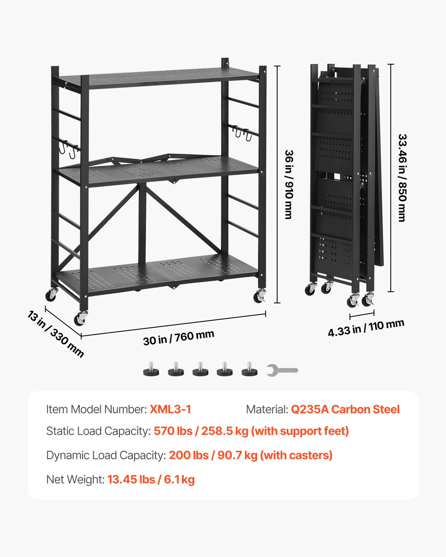 VEVOR 3-Tier Foldable Storage Shelf with Wheels 30 x 13 x 36-inch Metal Shelving