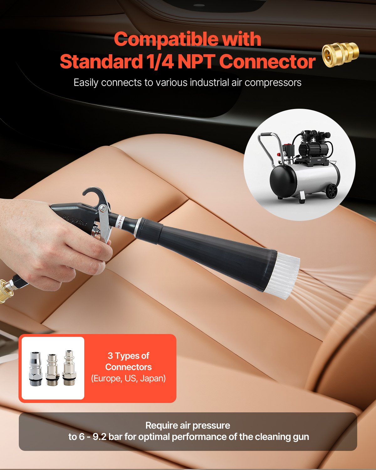 VEVOR Car Cleaning Gun 6-9.2 Bar High-Pressure Air Blow Gun 2 Nozzles Blast Dirt