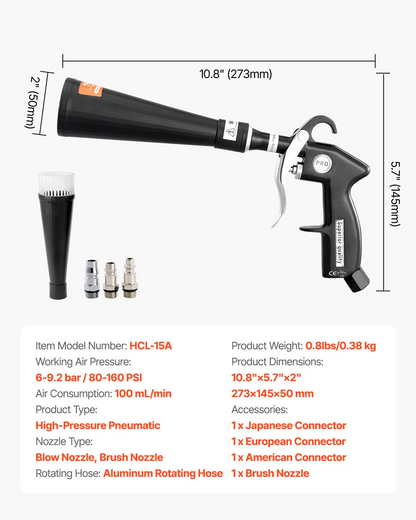 VEVOR Car Cleaning Gun 6-9.2 Bar High-Pressure Air Blow Gun 2 Nozzles Blast Dirt