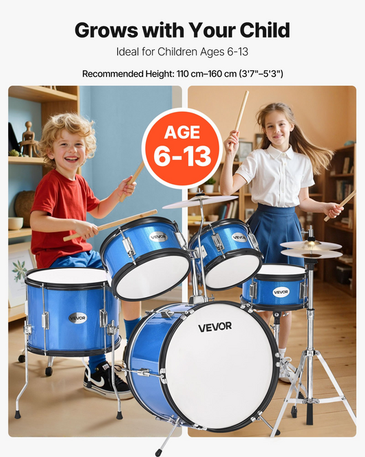 VEVOR Kids Drum Set 5-Piece Junior Musical Drum Kit with 16 in Bass Drum (Blue)