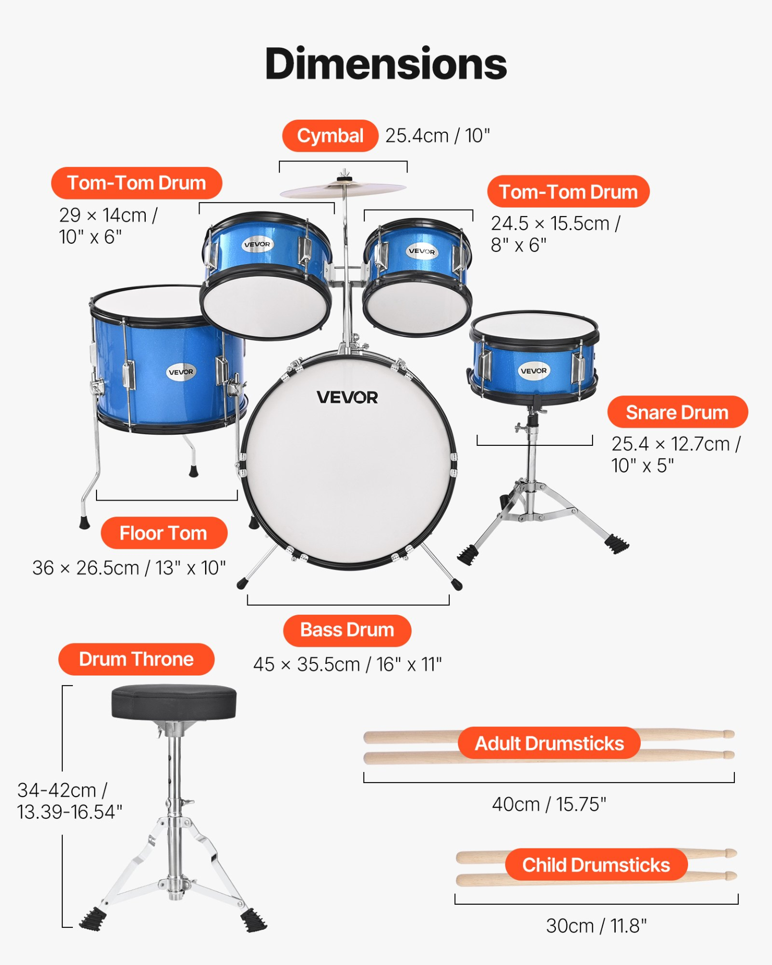 VEVOR Kids Drum Set 5-Piece Junior Musical Drum Kit with 16 in Bass Drum (Blue)