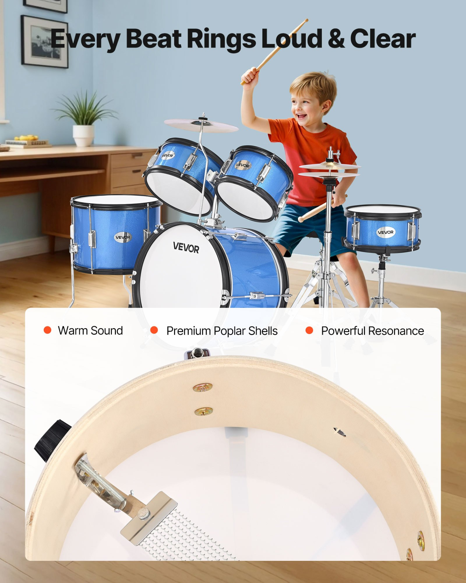 VEVOR Kids Drum Set 5-Piece Junior Musical Drum Kit with 16 in Bass Drum (Blue)