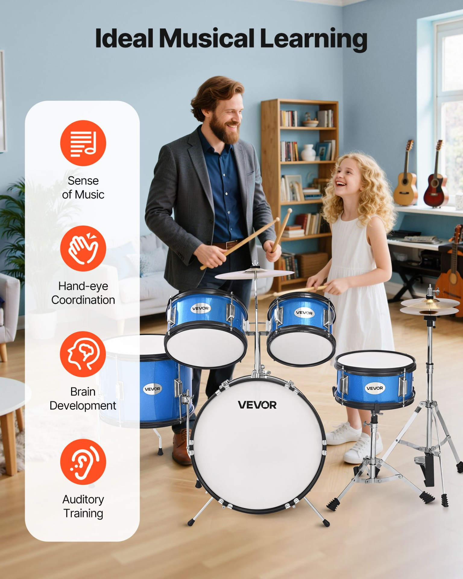 VEVOR Kids Drum Set 5-Piece Junior Musical Drum Kit with 16 in Bass Drum (Blue)
