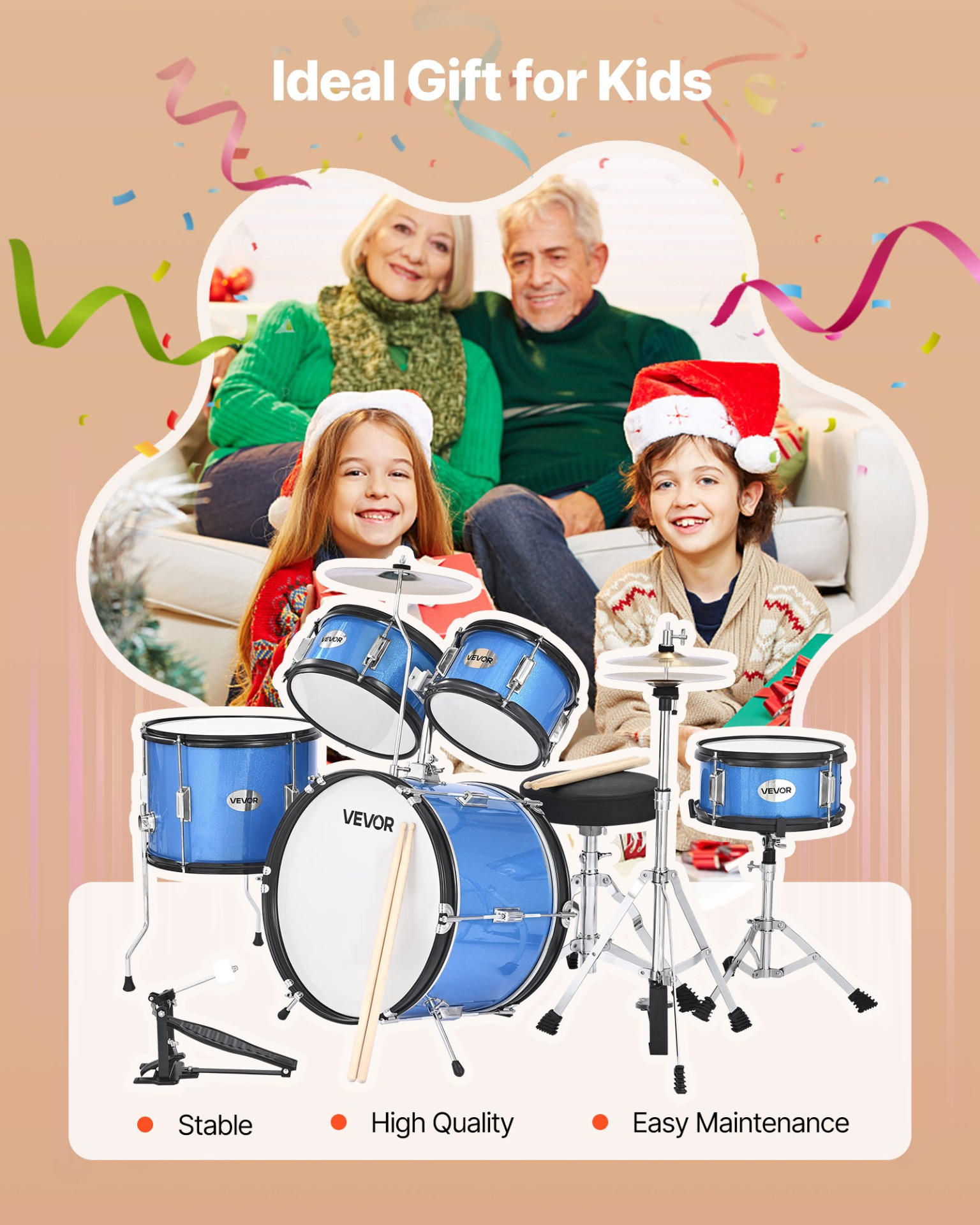 VEVOR Kids Drum Set 5-Piece Junior Musical Drum Kit with 16 in Bass Drum (Blue)