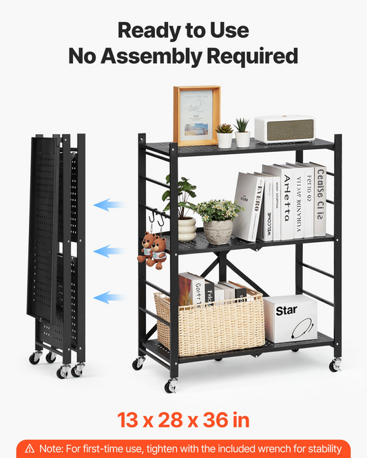 VEVOR 3-Tier Foldable Storage Shelf with Wheels 28 x 13 x 36-inch Metal Shelving