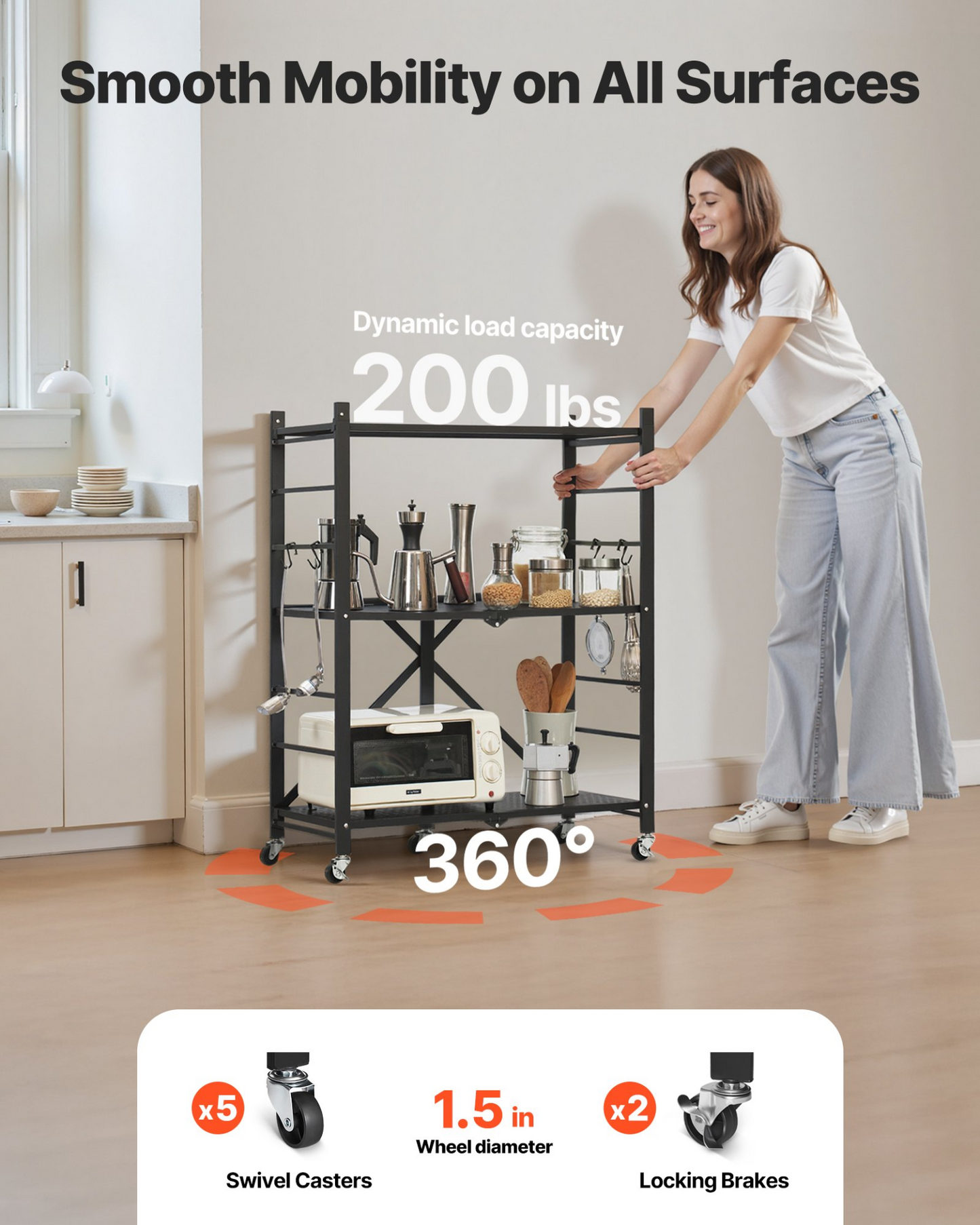 VEVOR 3-Tier Foldable Storage Shelf with Wheels 28 x 13 x 36-inch Metal Shelving