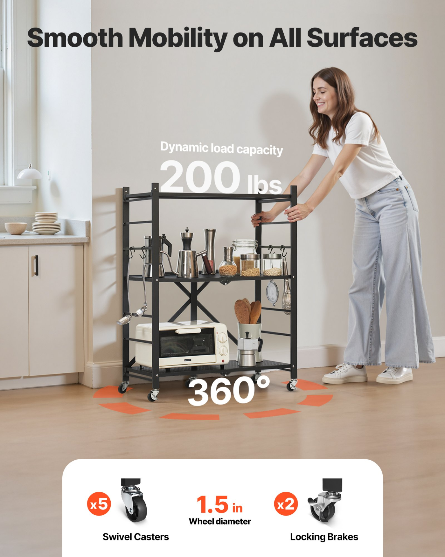 VEVOR 3-Tier Foldable Storage Shelf with Wheels 28 x 13 x 36-inch Metal Shelving