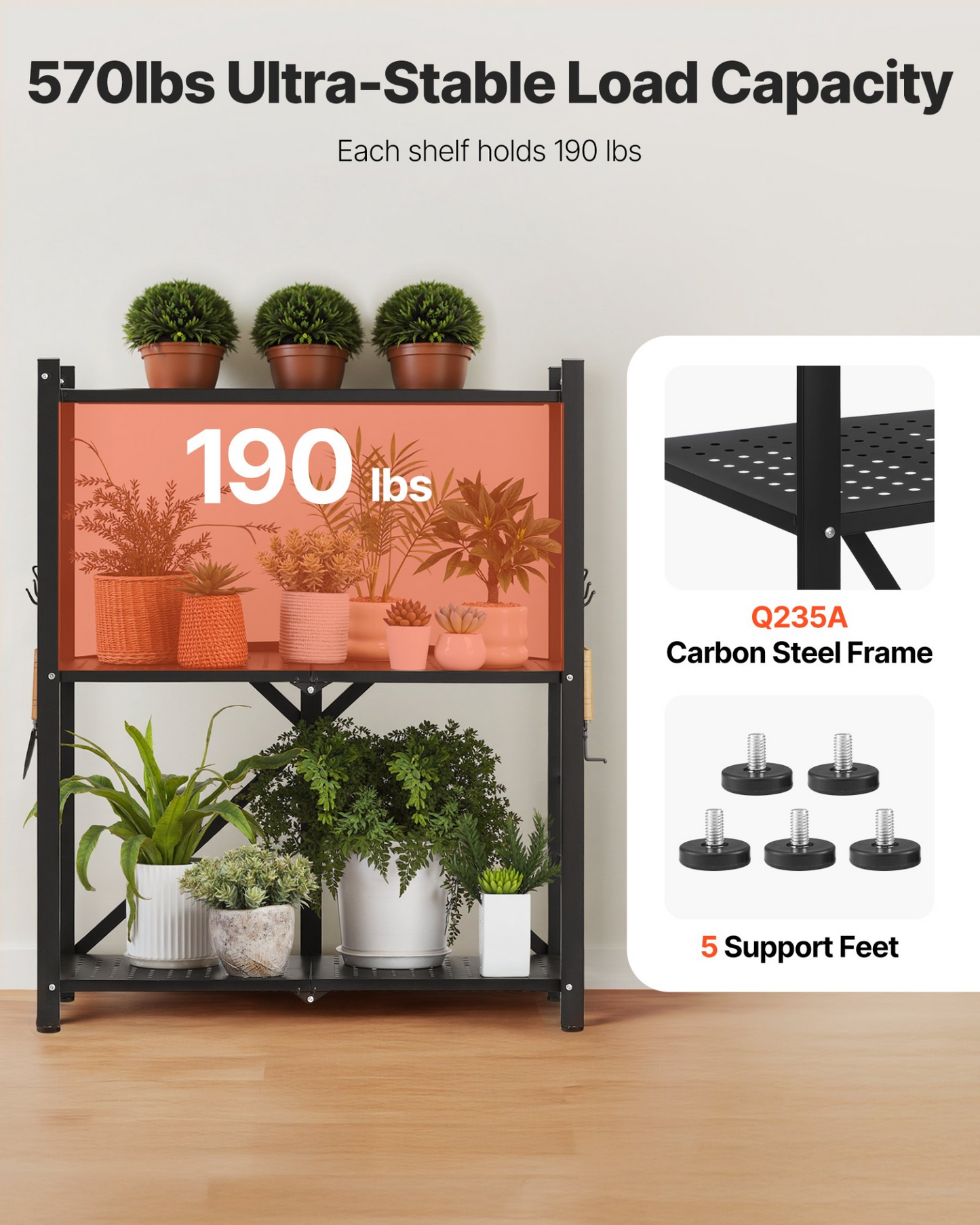 VEVOR 3-Tier Foldable Storage Shelf with Wheels 28 x 13 x 36-inch Metal Shelving