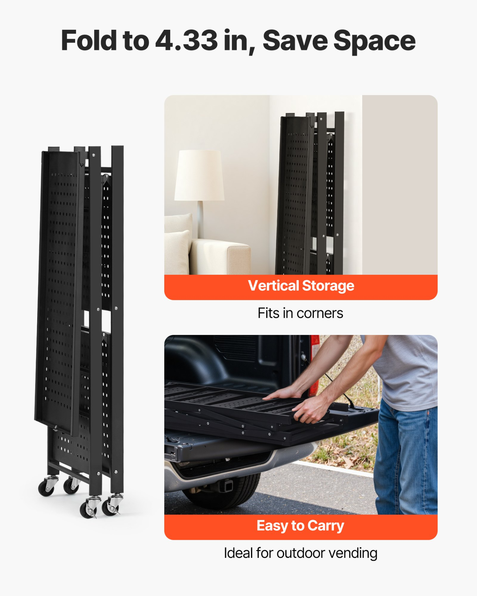 VEVOR 3-Tier Foldable Storage Shelf with Wheels 28 x 13 x 36-inch Metal Shelving