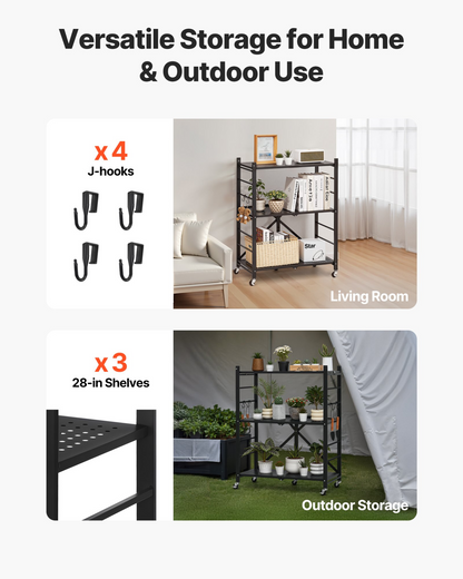 VEVOR 3-Tier Foldable Storage Shelf with Wheels 28 x 13 x 36-inch Metal Shelving