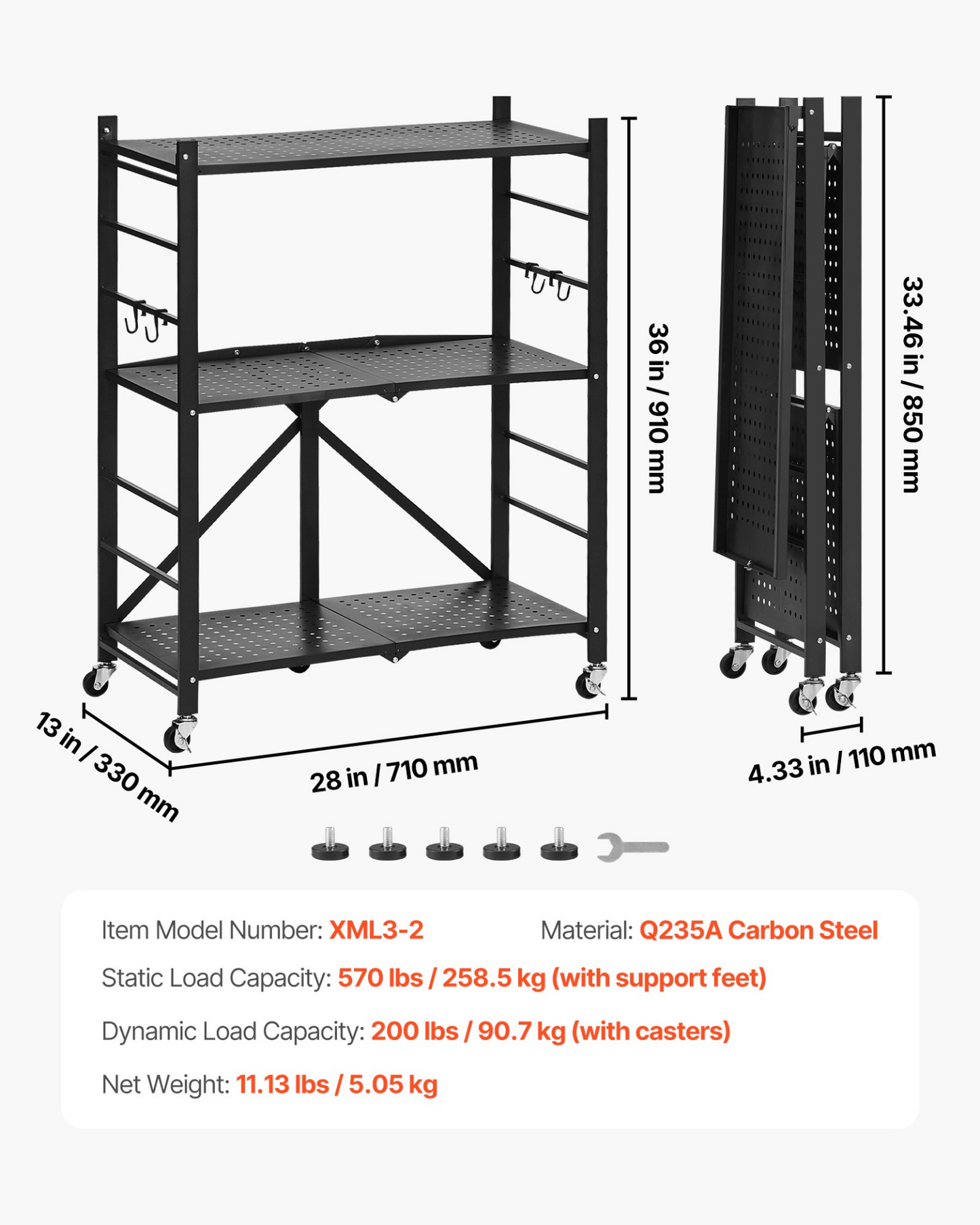 VEVOR 3-Tier Foldable Storage Shelf with Wheels 28 x 13 x 36-inch Metal Shelving