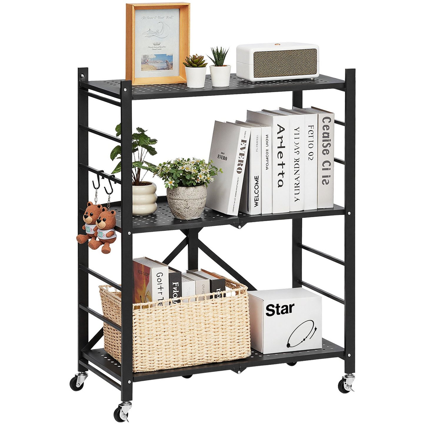 VEVOR 3-Tier Foldable Storage Shelf with Wheels 28 x 13 x 36-inch Metal Shelving