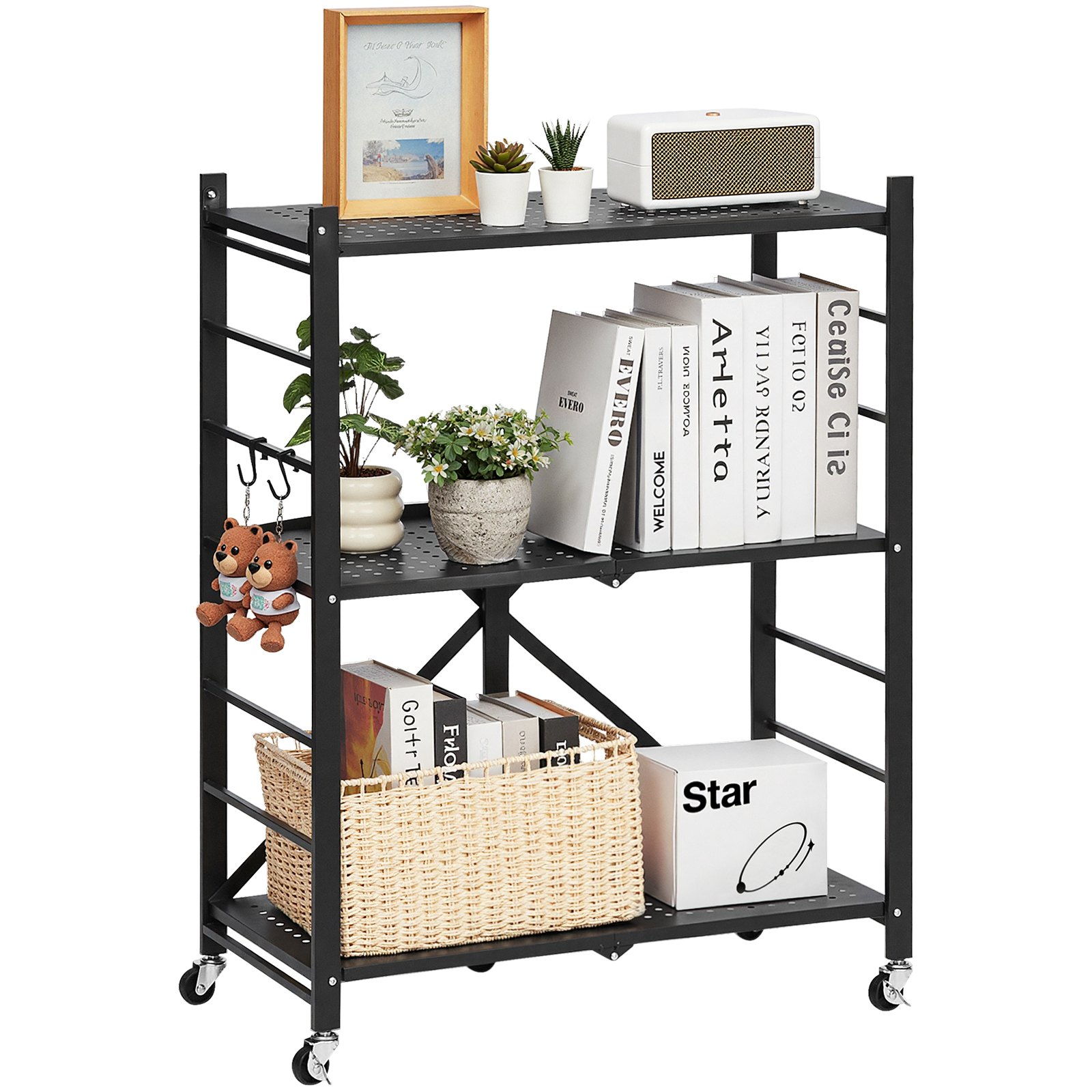 VEVOR 3-Tier Foldable Storage Shelf with Wheels 28 x 13 x 36-inch Metal Shelving
