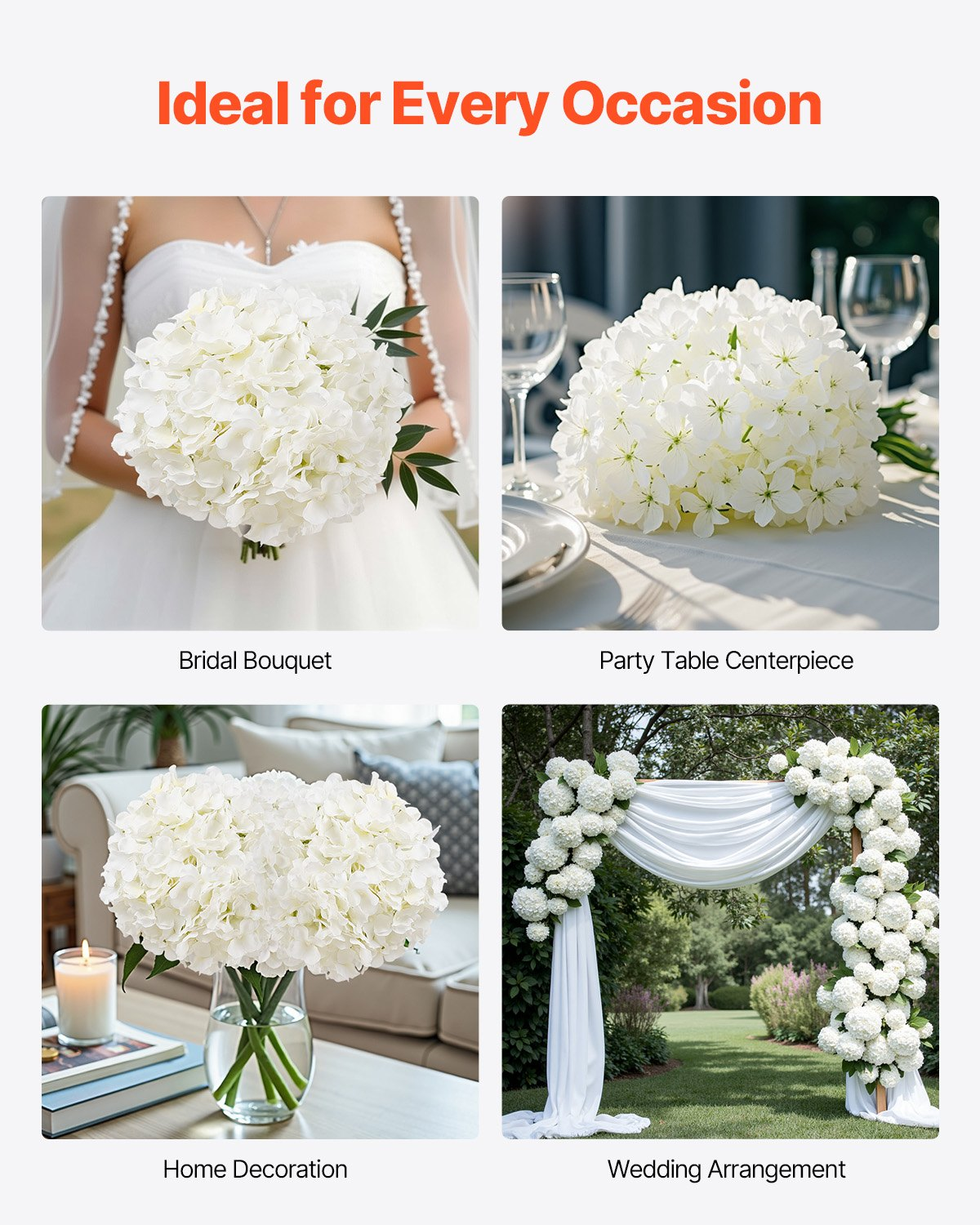 VEVOR 65 Pcs Artificial Silk Hydrangea Flowers 9.8 In Bouquet Arrangement White