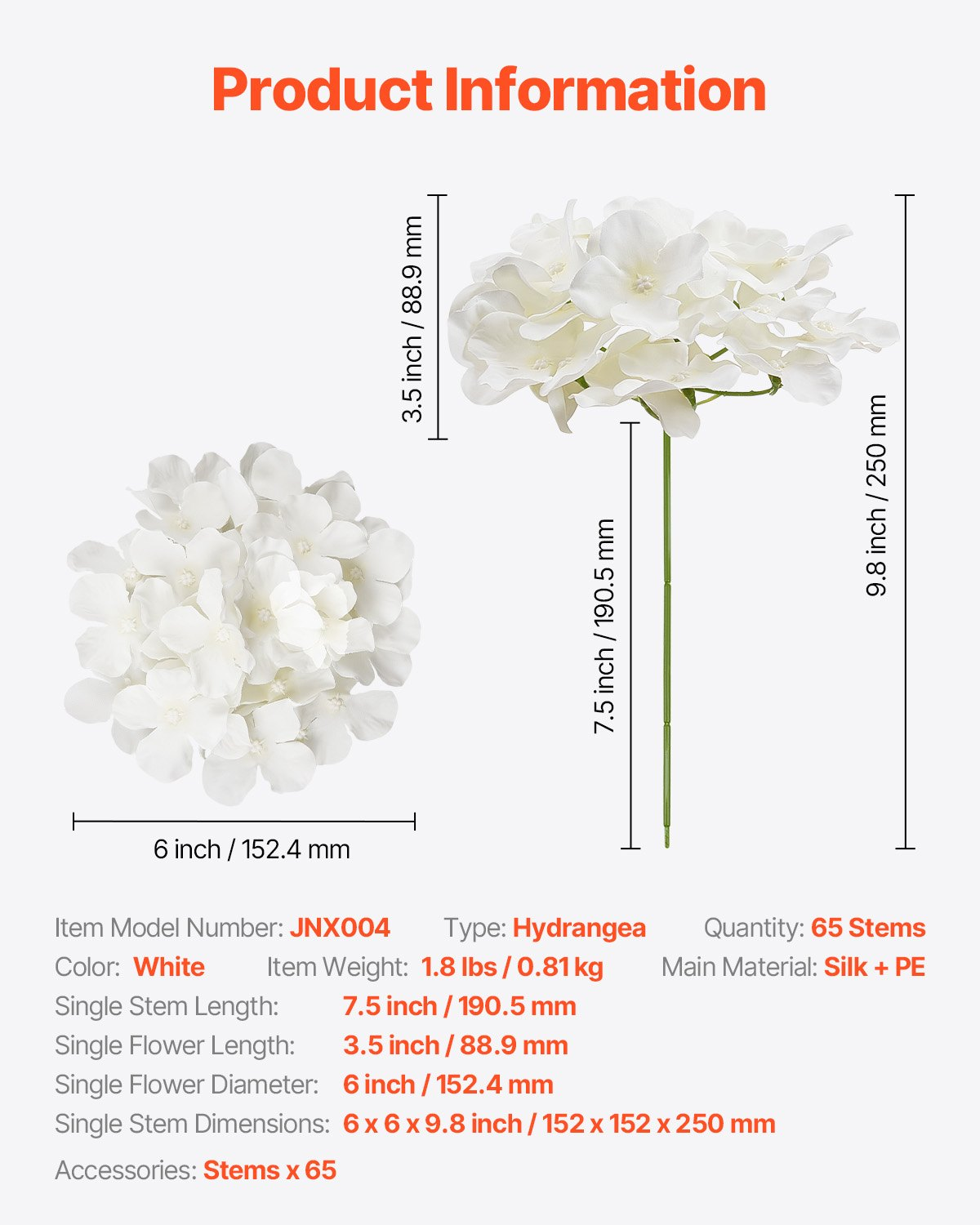 VEVOR 65 Pcs Artificial Silk Hydrangea Flowers 9.8 In Bouquet Arrangement White