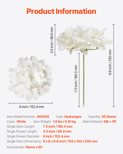 VEVOR 65 Pcs Artificial Silk Hydrangea Flowers 9.8 In Bouquet Arrangement White
