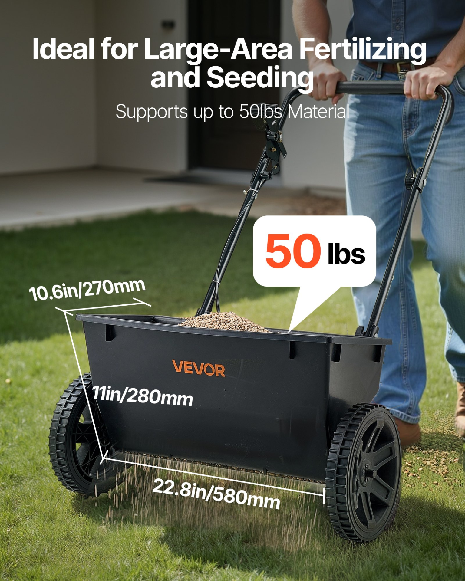 VEVOR Walk-Behind Push Broadcast Spreader 50LBS Capacity 18 in Spreading Width