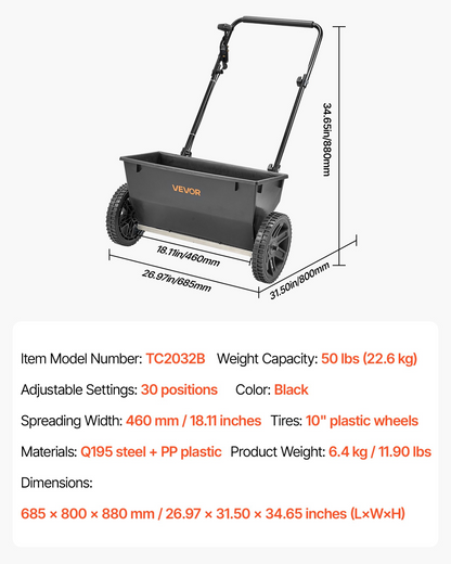 VEVOR Walk-Behind Push Broadcast Spreader 50LBS Capacity 18 in Spreading Width