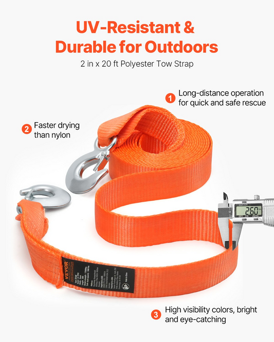 VEVOR Towing Strap Rope 17000 lbs 20 ft Car Tow Cable with 2 Hooks Heavy Duty
