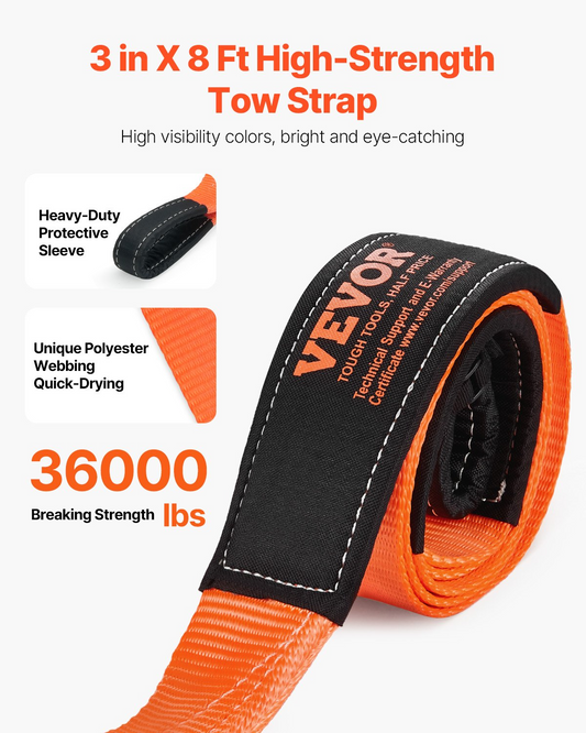 VEVOR Car Tow Cable Towing Strap Rope 36000 lbs 8 ft Emergency Heavy Duty Strap