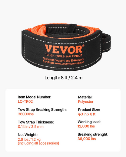 VEVOR Car Tow Cable Towing Strap Rope 36000 lbs 8 ft Emergency Heavy Duty Strap