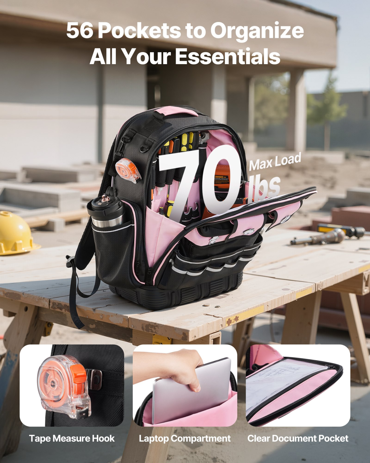VEVOR Tool Backpack 56 Pockets Tear-resistant Jobsite Backpack for Electrician