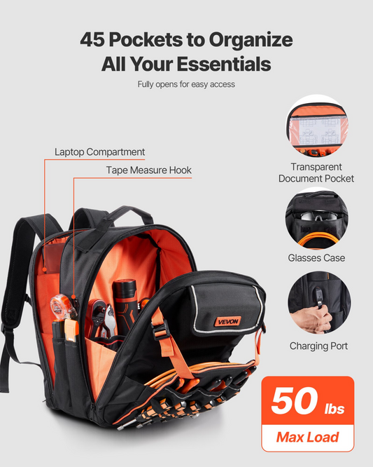 VEVOR Tool Backpack 45 Pockets Tear-resistant Jobsite Backpack for Electrician