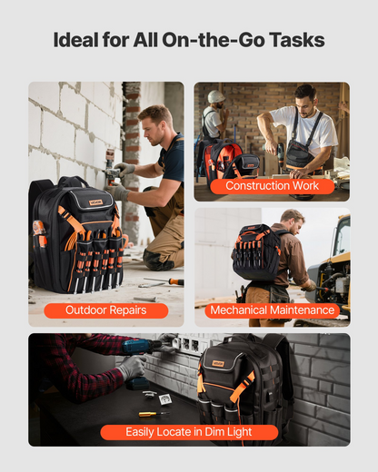 VEVOR Tool Backpack 45 Pockets Tear-resistant Jobsite Backpack for Electrician