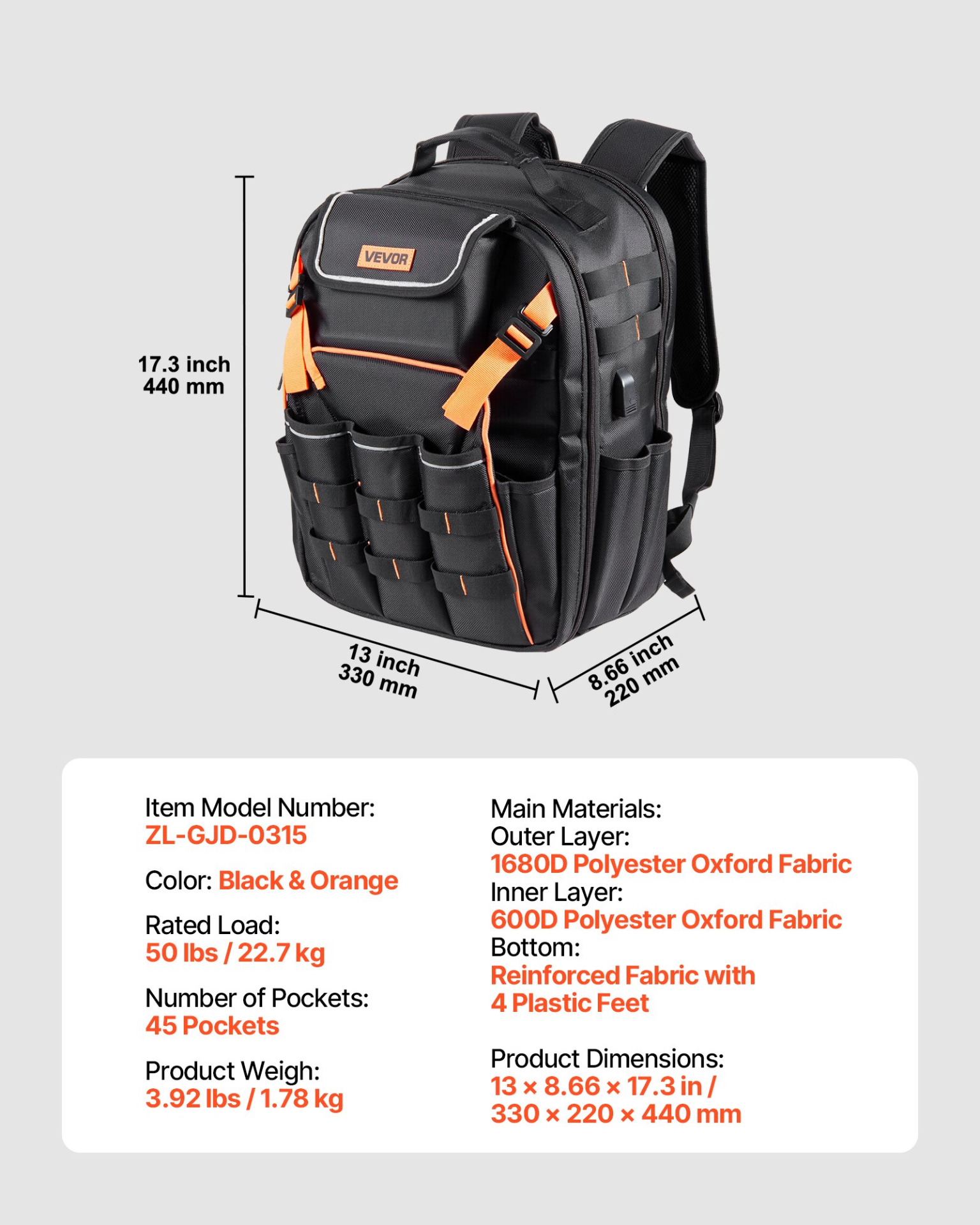 VEVOR Tool Backpack 45 Pockets Tear-resistant Jobsite Backpack for Electrician