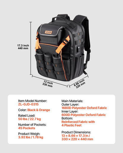 VEVOR Tool Backpack 45 Pockets Tear-resistant Jobsite Backpack for Electrician
