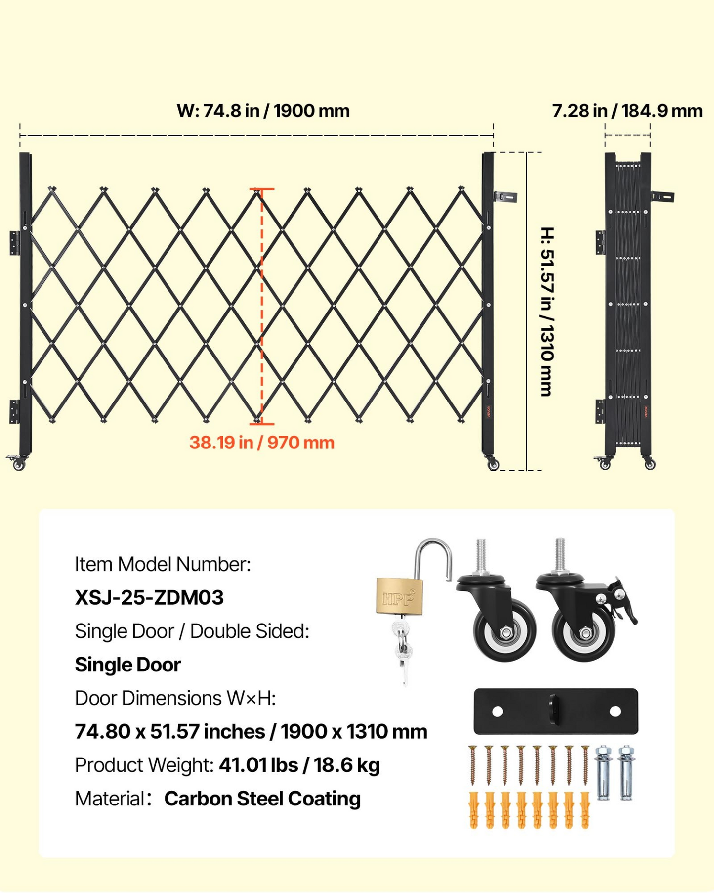 VEVOR Single Folding Security Gate Lockable Scissor Gate 74.80 x 51.57 in (WxH)