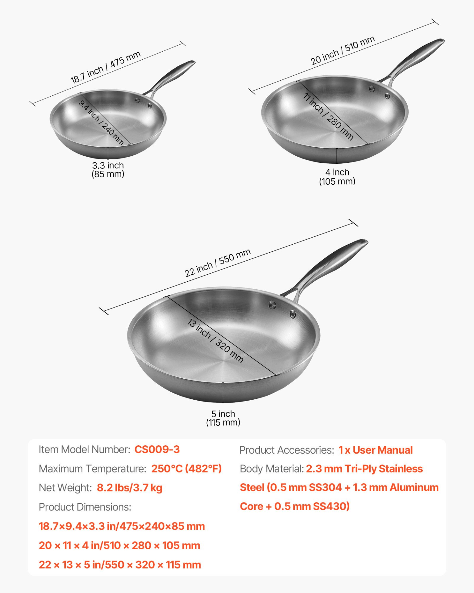 VEVOR Triply Stainless Steel Frying Pan 3Pcs 240 280 320mm for Dishwasher Silver