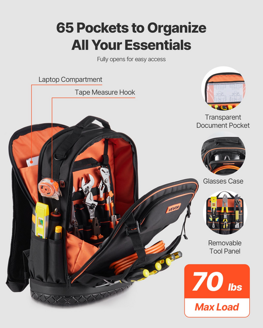 VEVOR Tool Backpack with Tools 65 Pockets Tear-resistant Jobsite Backpack