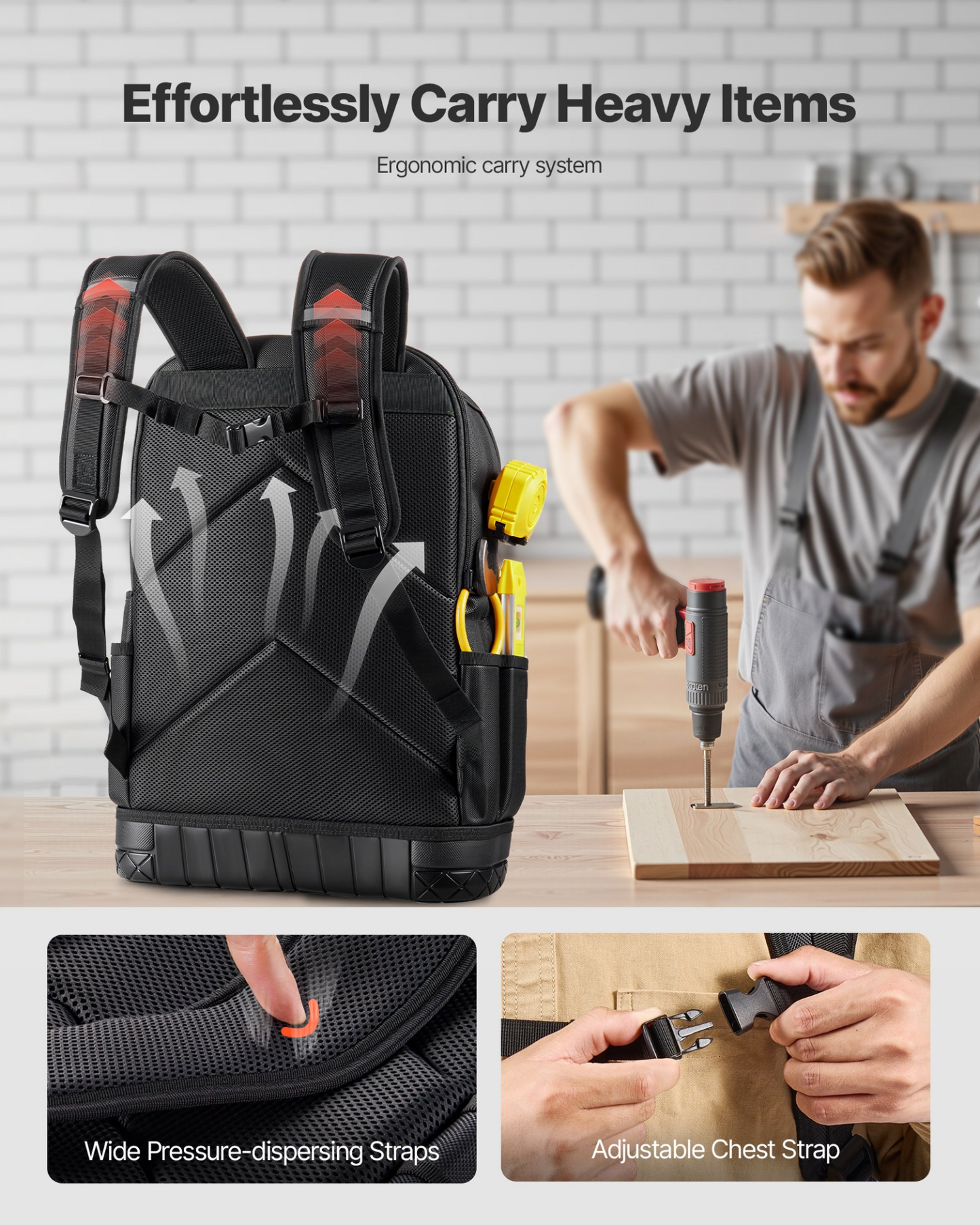 VEVOR Tool Backpack with Tools 65 Pockets Tear-resistant Jobsite Backpack