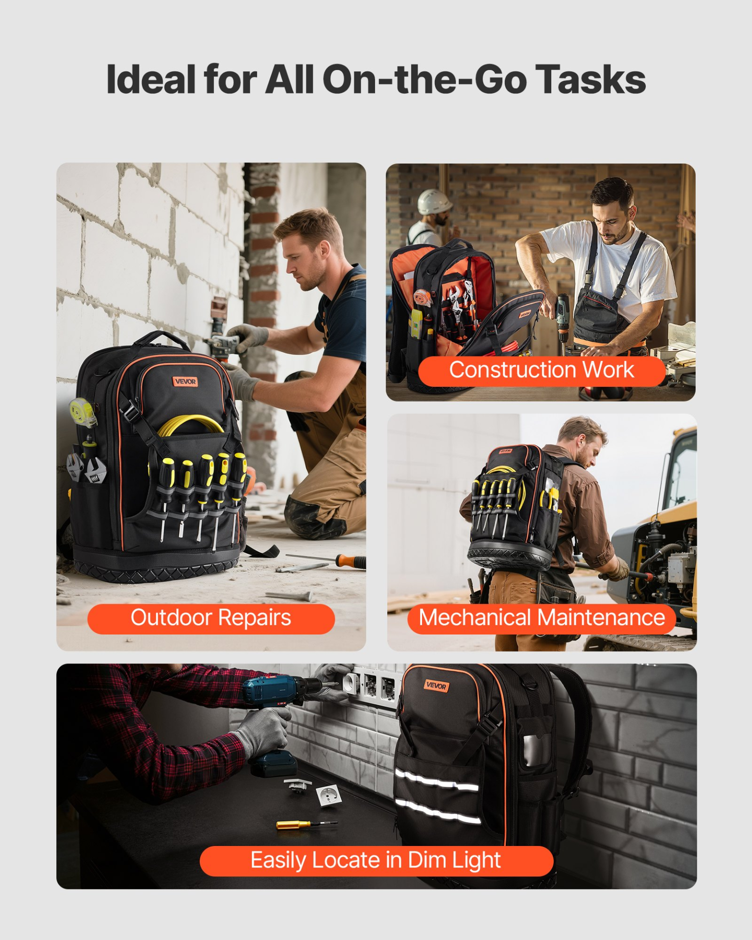 VEVOR Tool Backpack with Tools 65 Pockets Tear-resistant Jobsite Backpack