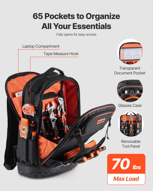 VEVOR Tool Backpack 65 Pockets Tear-resistant Jobsite Backpack for Electrician