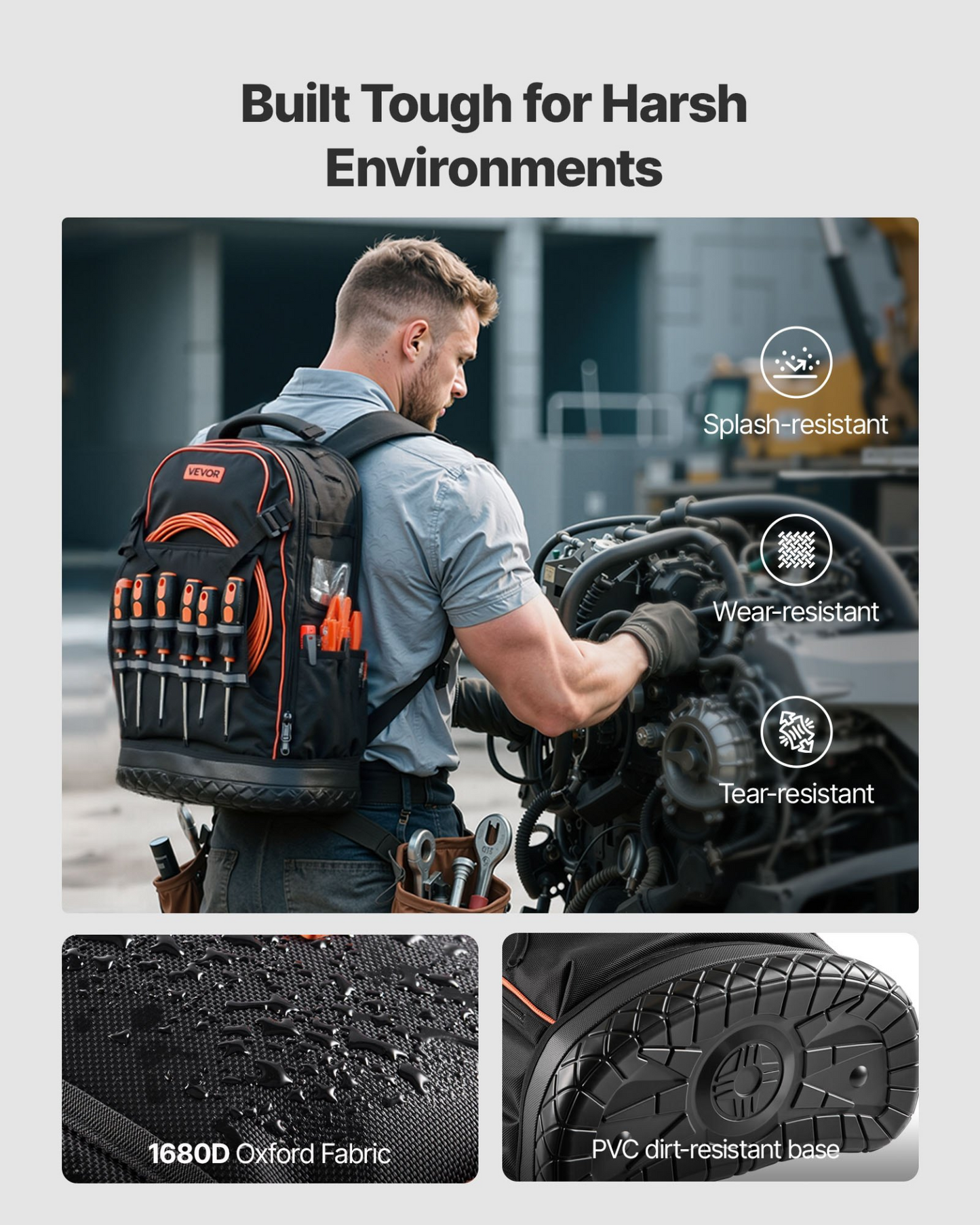 VEVOR Tool Backpack 65 Pockets Tear-resistant Jobsite Backpack for Electrician