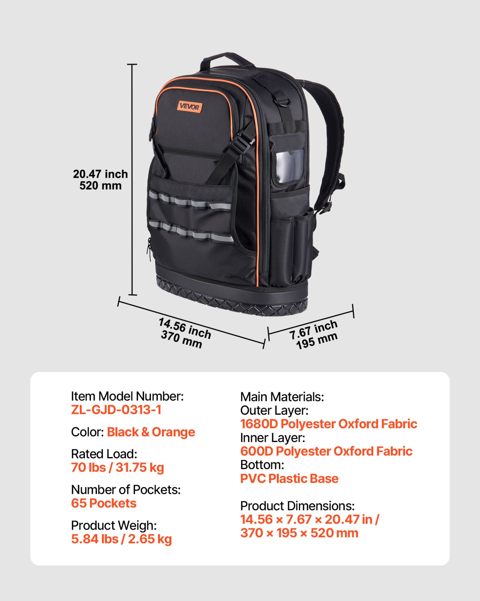 VEVOR Tool Backpack 65 Pockets Tear-resistant Jobsite Backpack for Electrician