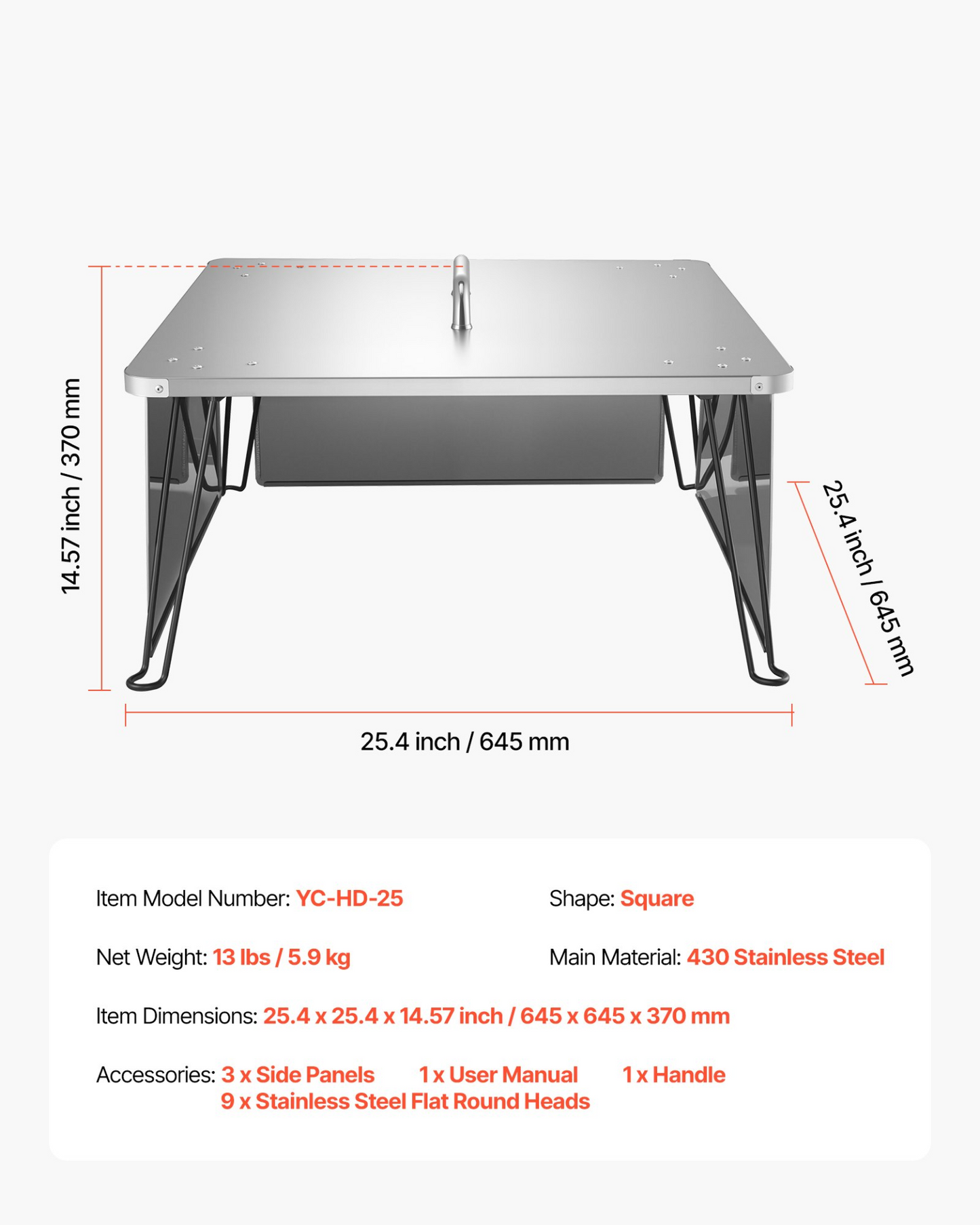 VEVOR Fire Pit Heat Deflector 645x645x370 mm Burner Cover Stainless Steel